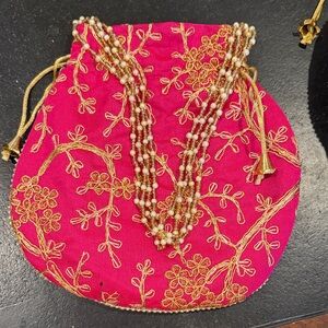 Embroidered Pink and Gold Women's Bag